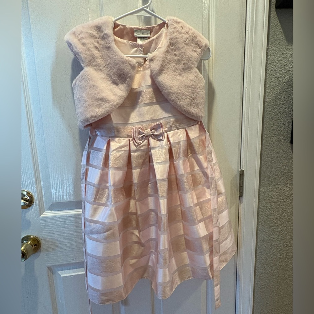 Girls Pink Bow-Accent Party Dress with Faux-Fur Bolero